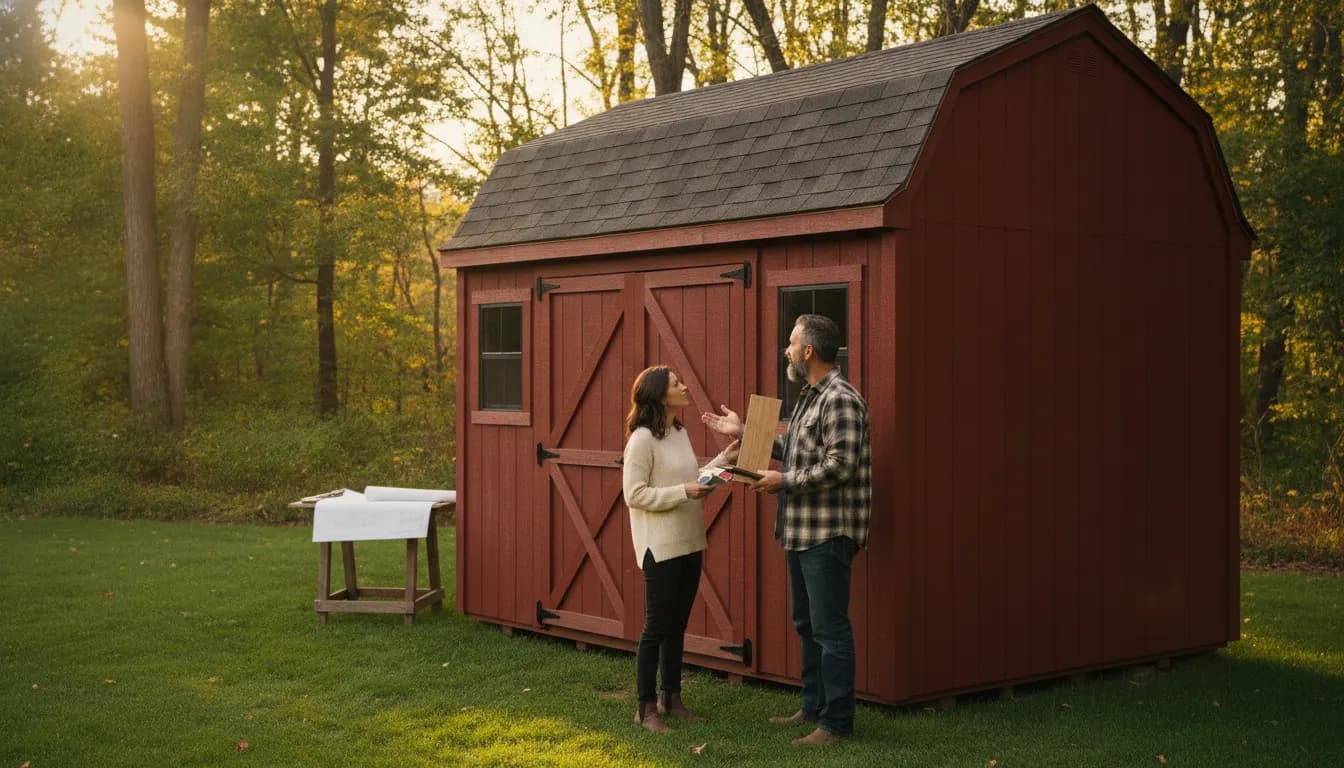 Homeowners discussing a custom red wood storage shed in a backyard