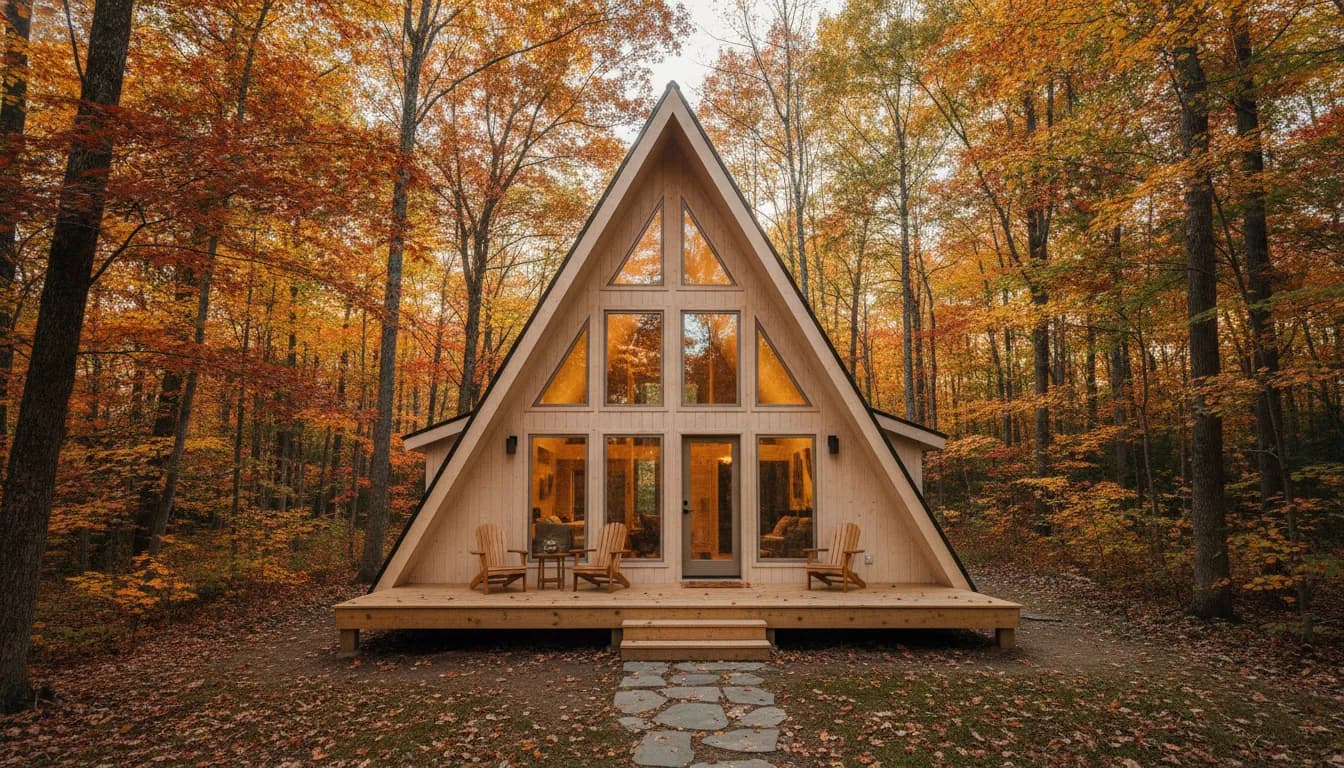 Modern pre-built A-frame cabin in a forested upstate New York setting with warm interior light
