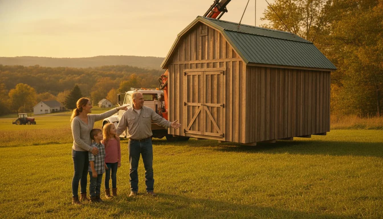 A family admiring a new wooden backyard barn being delivered to their property