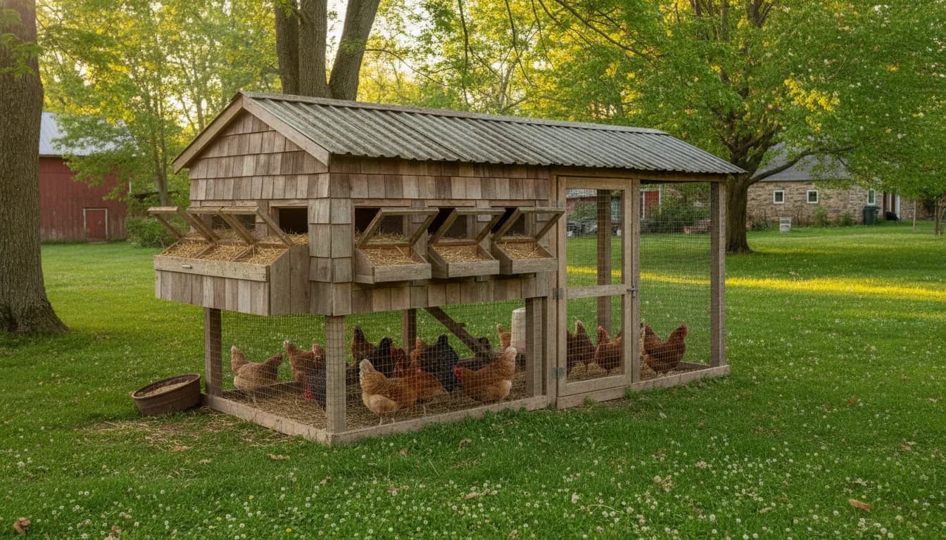 Backyard chicken coop with nesting boxes in a sunny yard