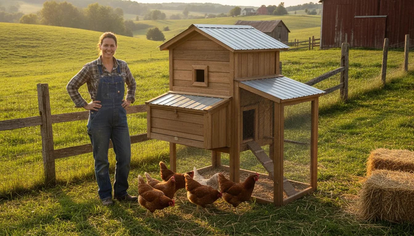 Backyard chicken owner standing beside a newly built wooden chicken coop in a sunny yard