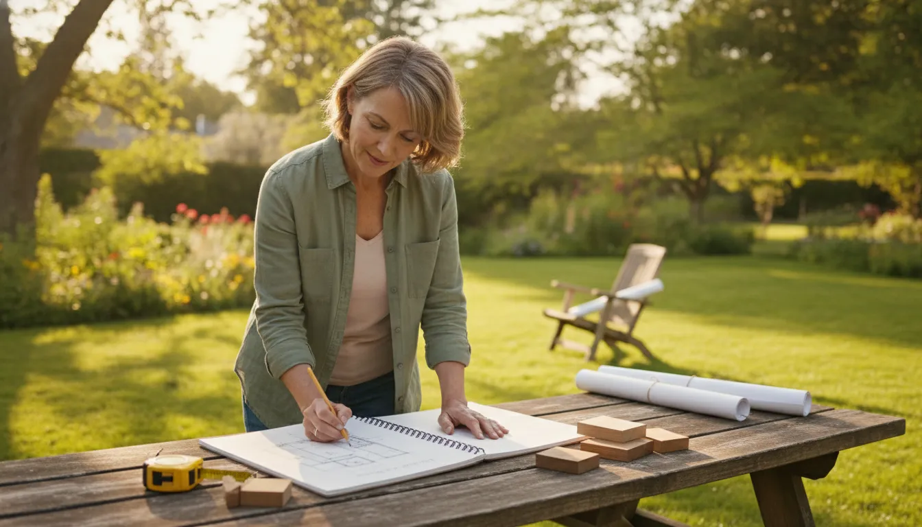 Homeowner planning a custom backyard shed design at a wooden table in the sun