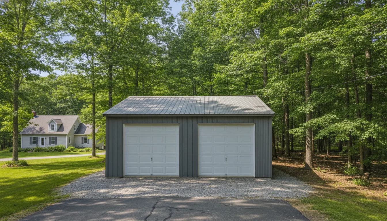Double wide garage in a backyard setting with two overhead doors and durable construction