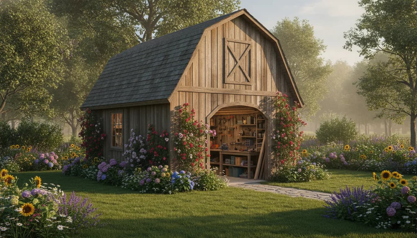 Wooden backyard barn with barn-style roof set in a green yard