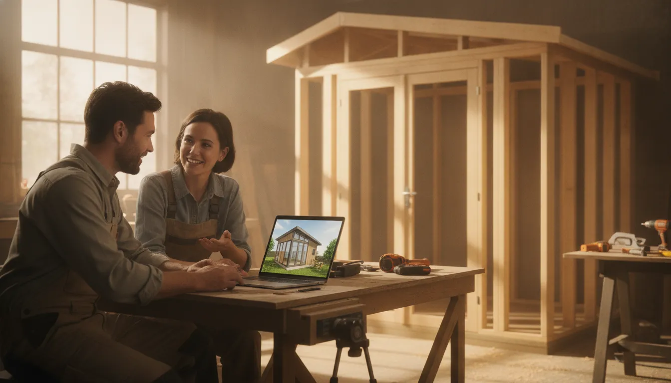Homeowner planning a custom backyard shed design on a laptop