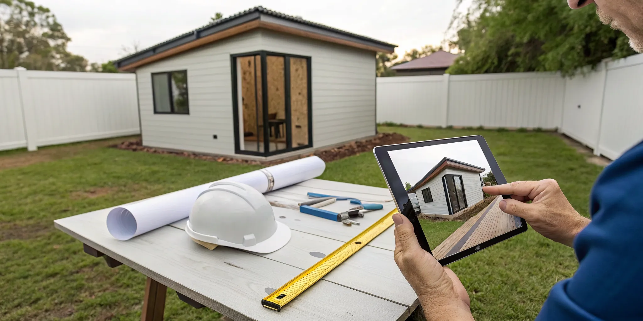 Person in a backyard getting a quote for a custom shed on a tablet with design plans.