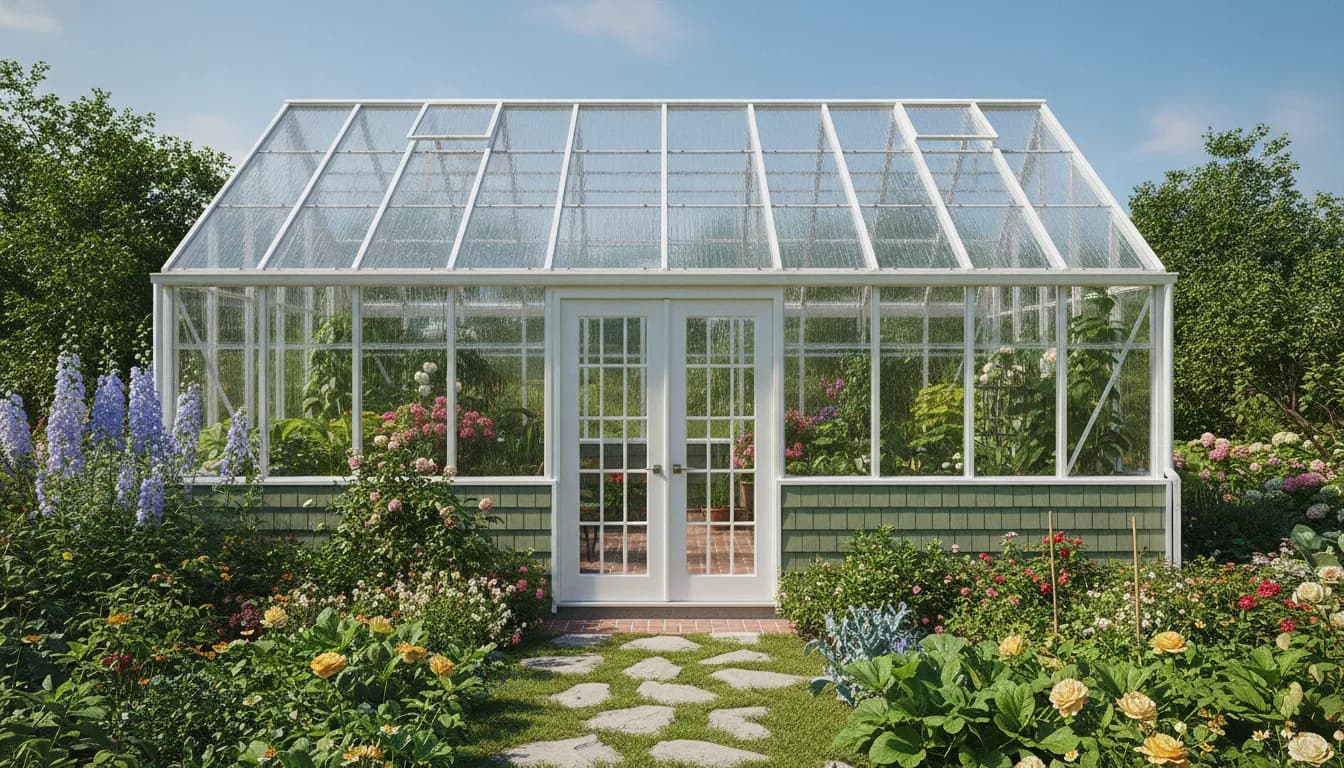 A polycarbonate greenhouse with LP Smart siding surrounded by garden plants in sunlight