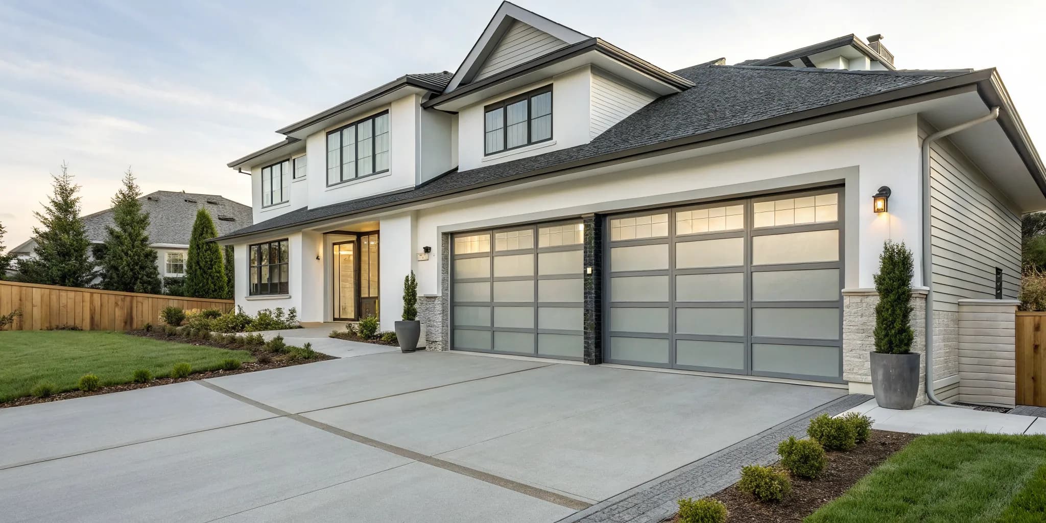 Modern two-car garage exterior with concrete driveway, illustrating cost considerations for a 2-car garage purchase