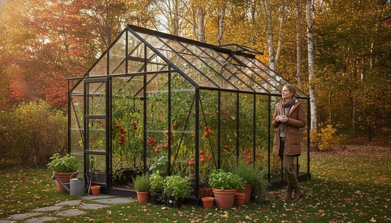 Backyard greenhouse with thriving plants in a cold-climate setting