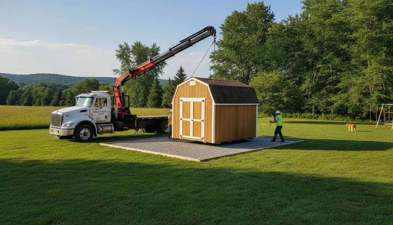 A delivery truck placing a wooden storage shed on a prepared gravel pad in a sunny backyard