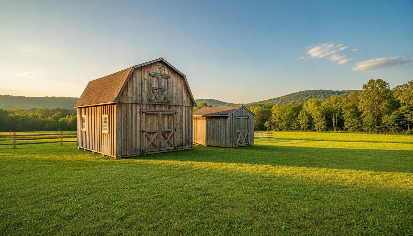 Wooden lofted barn with gambrel roof and a classic storage shed in a sunny backyard, upstate New York setting