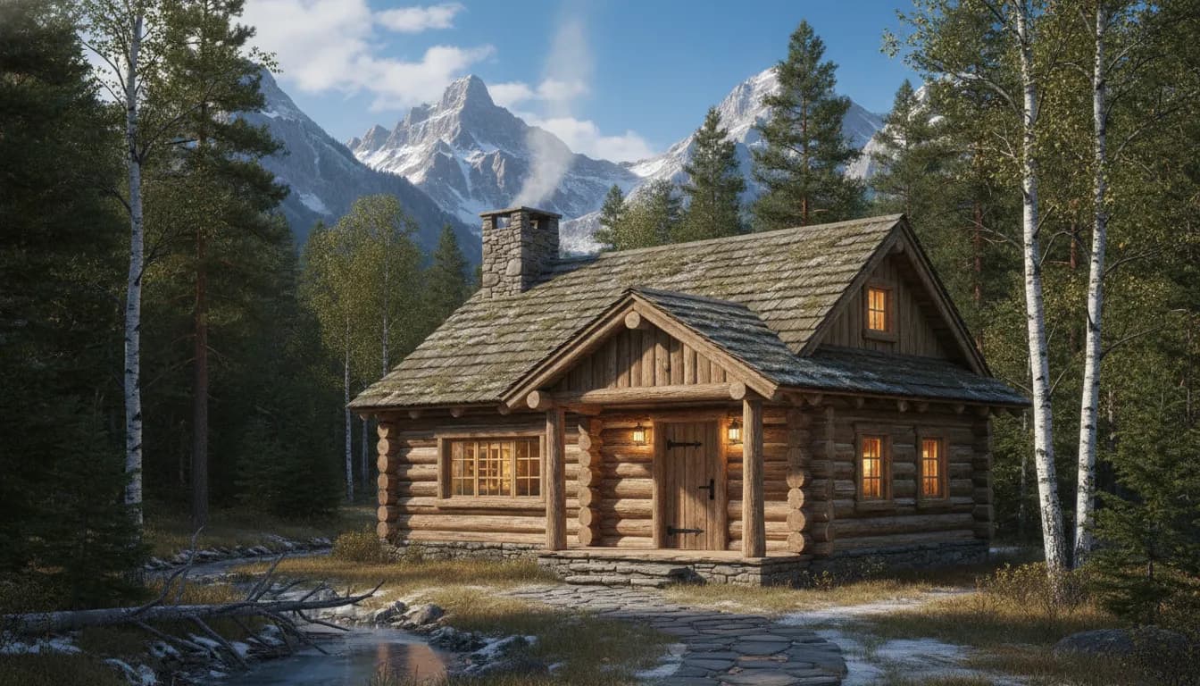 Wooden log cabin in a wooded landscape with mountain backdrop