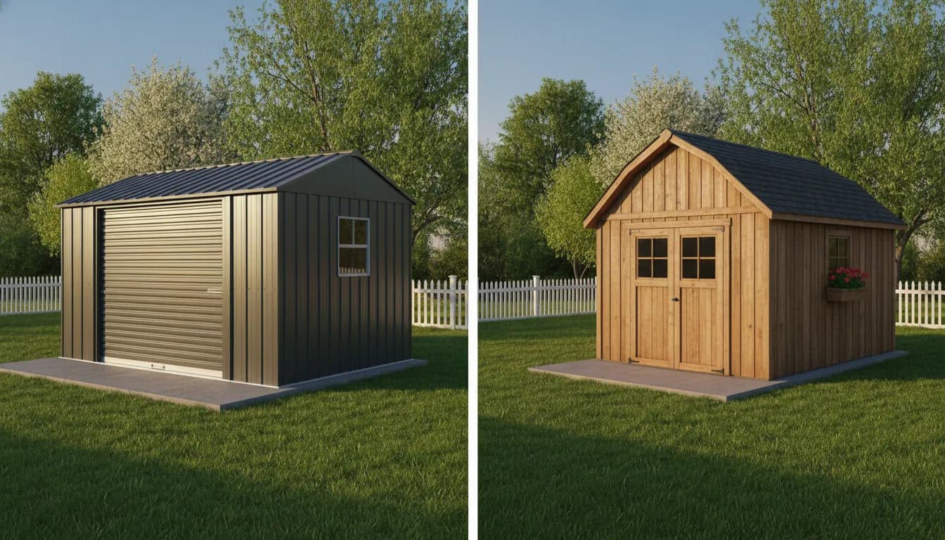Side by side comparison of a metal storage shed and a wooden storage shed in a sunny backyard