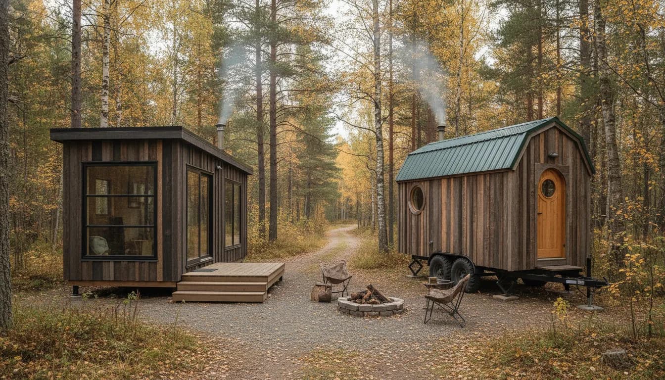 Portable cabin and tiny house comparison in an outdoor setting