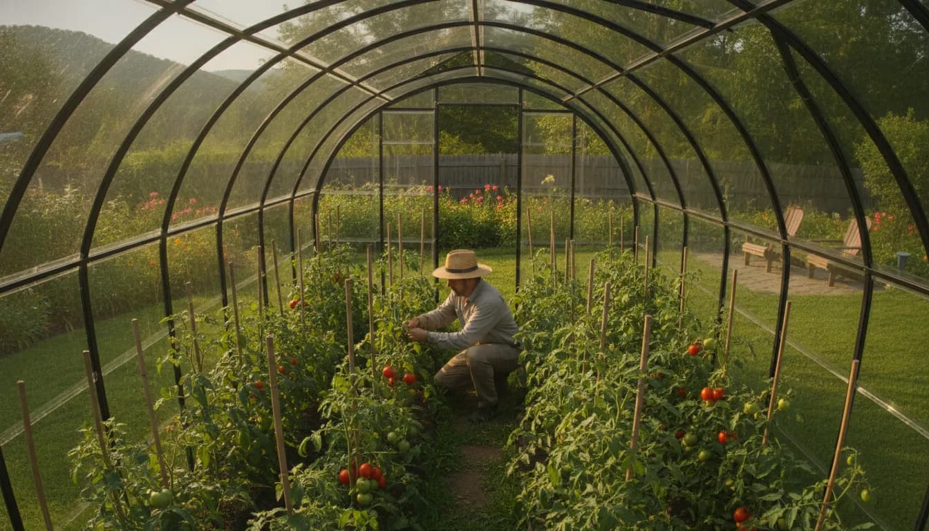 Portable greenhouse with lush tomato plants in a backyard in Hudson Falls, New York