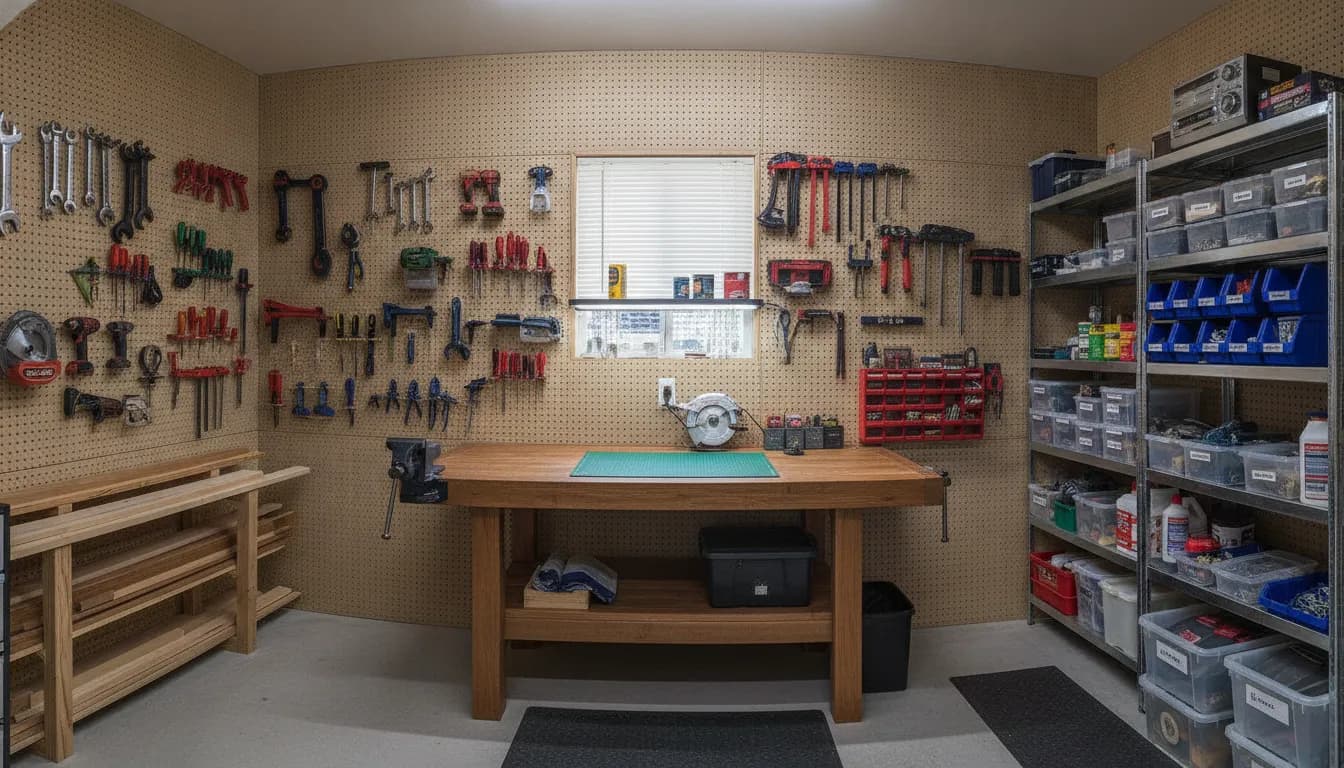 Well-organized storage shed converted into a workshop with pegboard walls, workbench, shelving, and organized tools