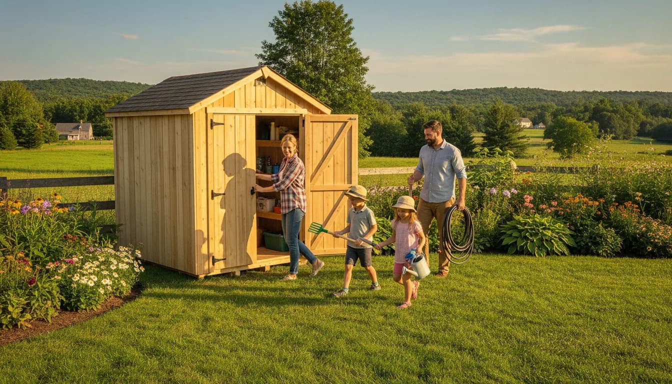 Family unloading garden tools beside a wooden utility shed on a sunny lawn in Upstate New York