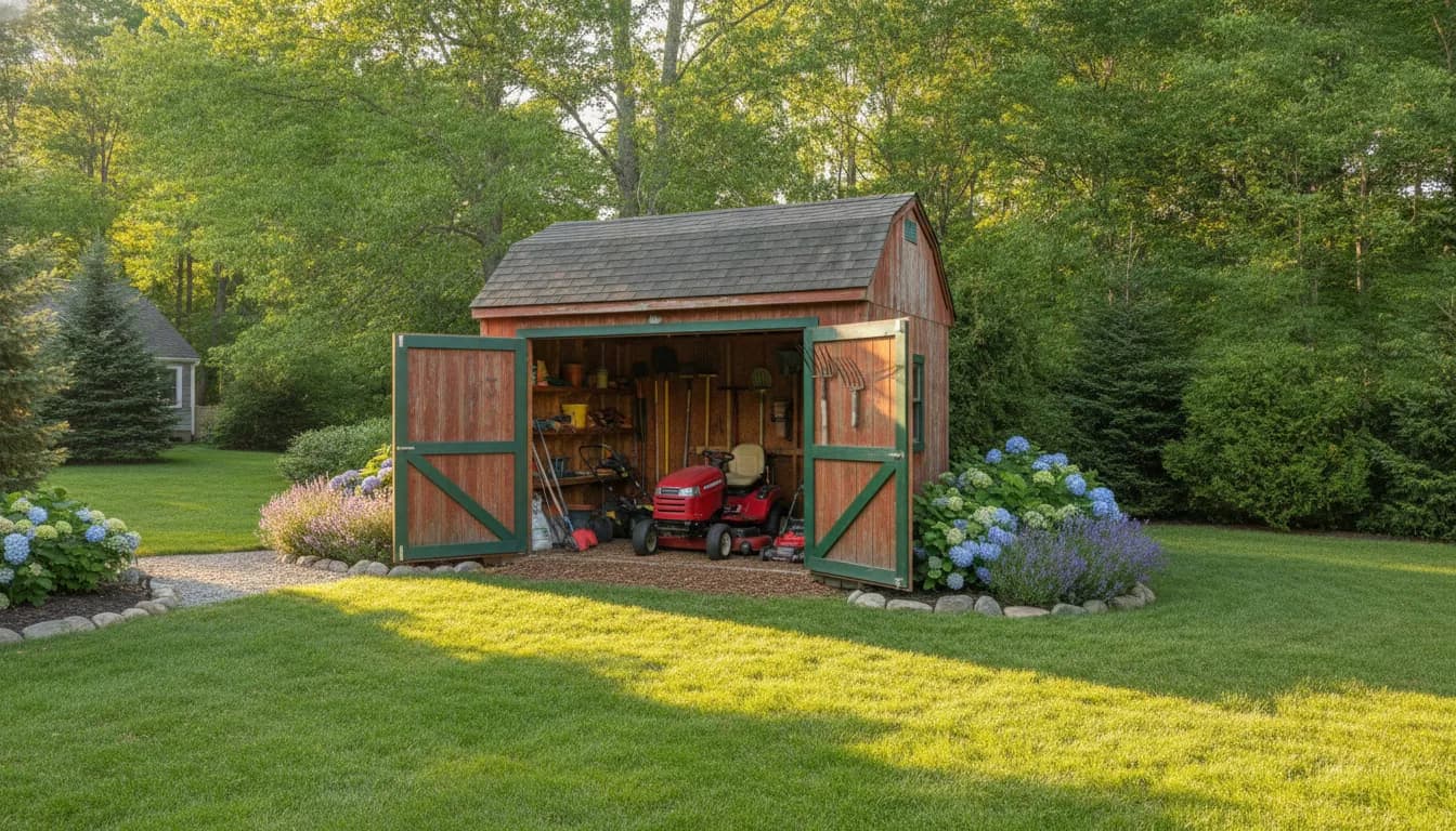 A spacious backyard utility shed with wooden siding and double barn doors open showing organized lawn equipment inside