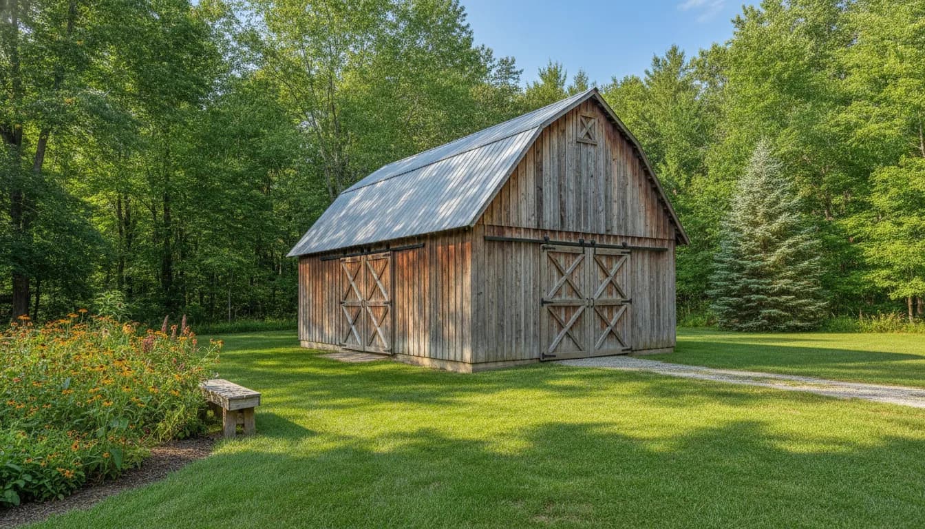 Side gable barn in a backyard with double barn doors on the long side