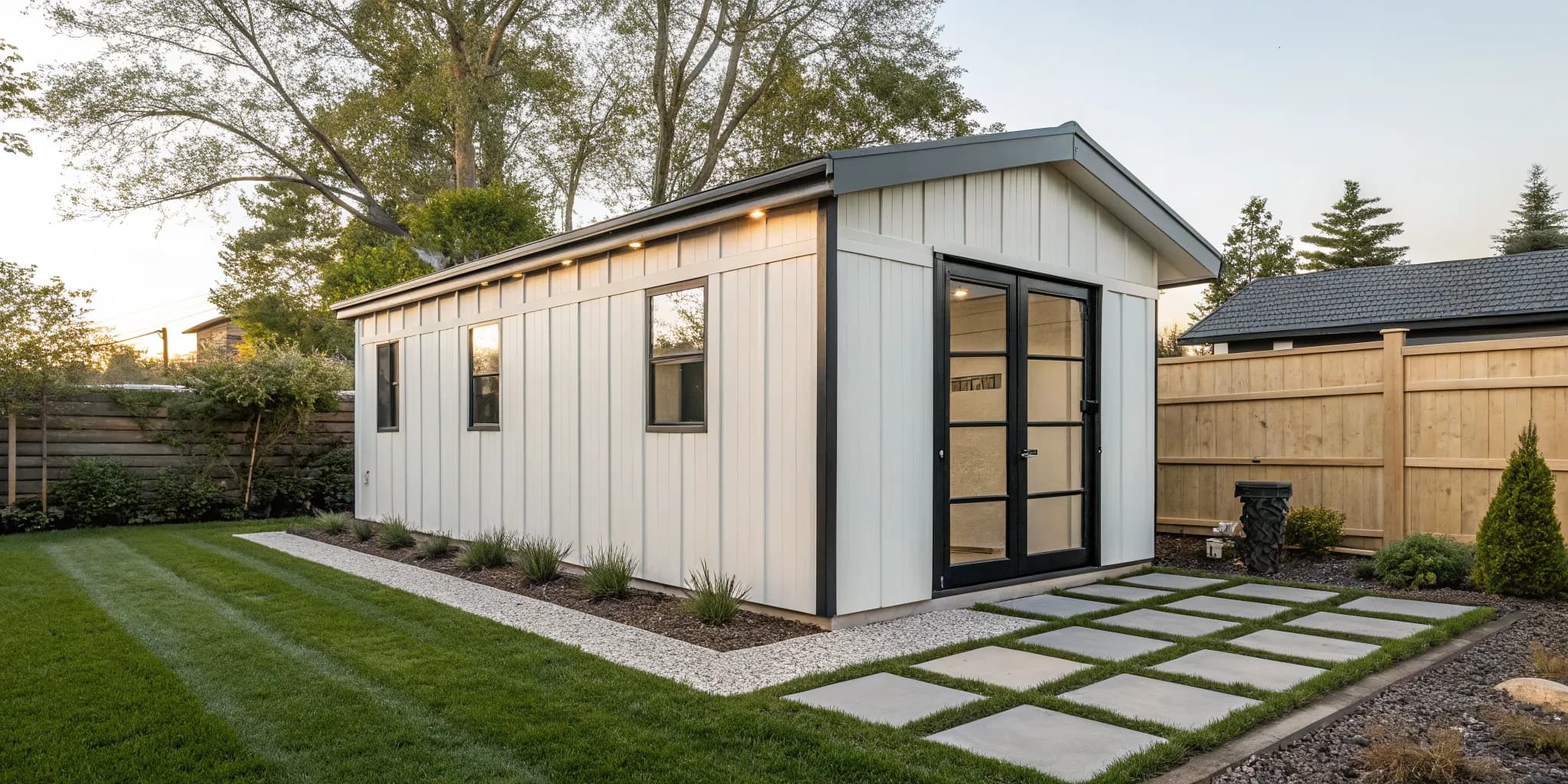 A modern custom shed design idea with a glass door and black trim.
