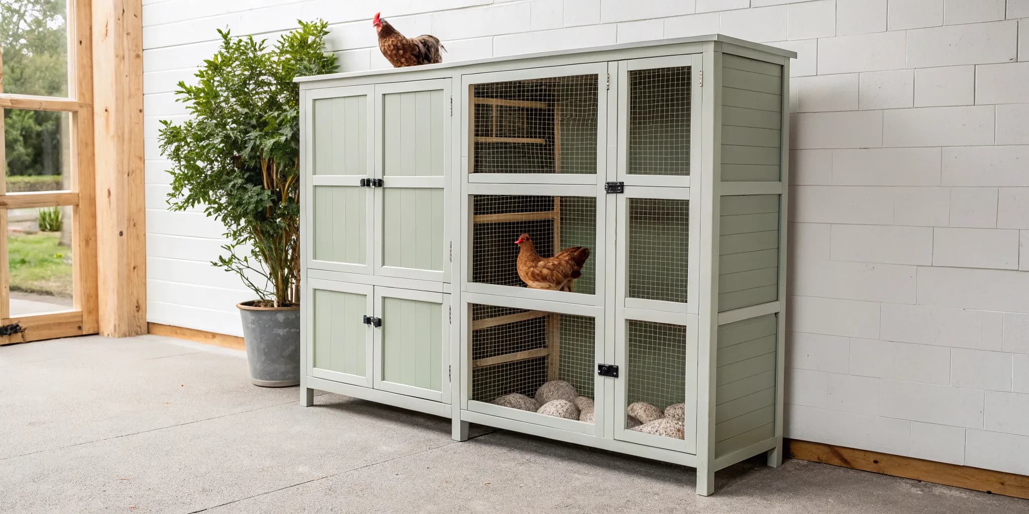 Organized chicken coop with built-in storage cabinets and several chickens.