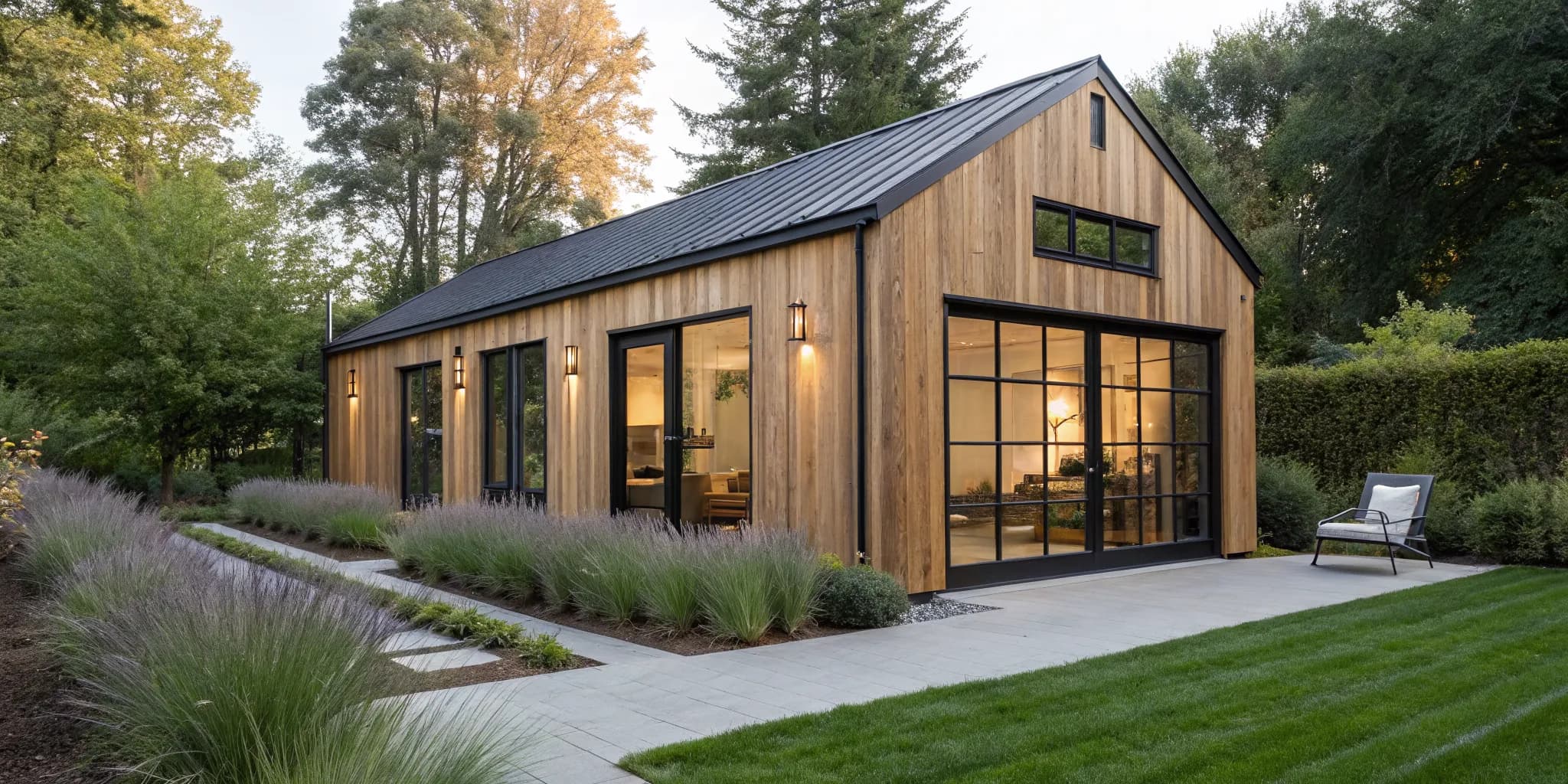 Modern backyard barn with wood siding, a versatile structure for creative backyard ideas.