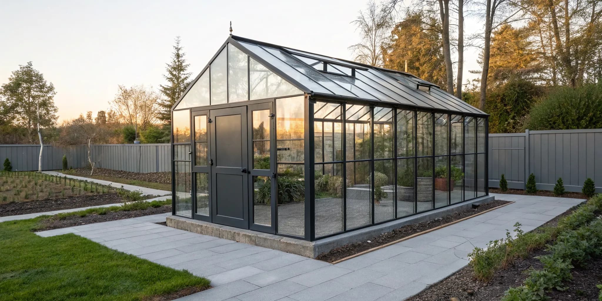 A modern backyard greenhouse for sale with a metal frame and glass panels in a garden.