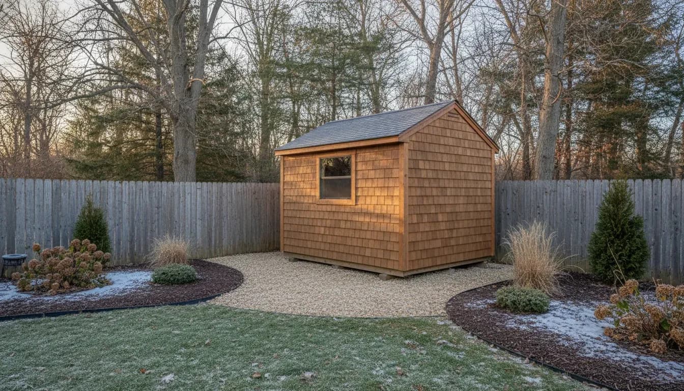 Backyard shed ideas for small yards shown by a compact shed on a gravel pad in an Upstate New York yard