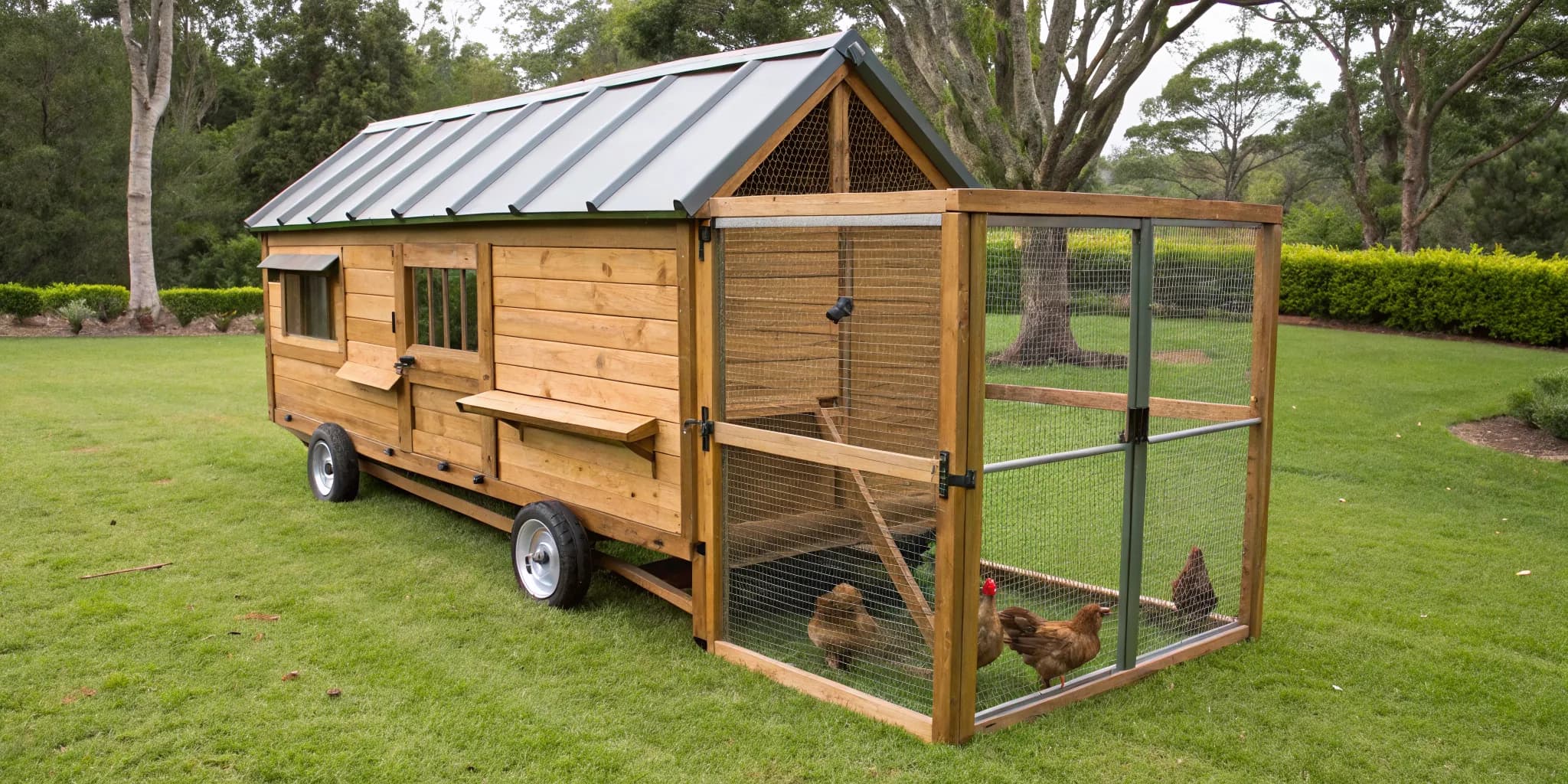 Wooden chicken tractor for 6 chickens with wheels and a wire run on grass.