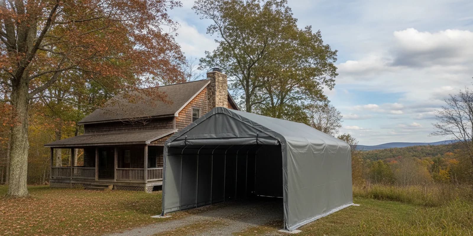 Portable garage beside a home in an Upstate New York setting