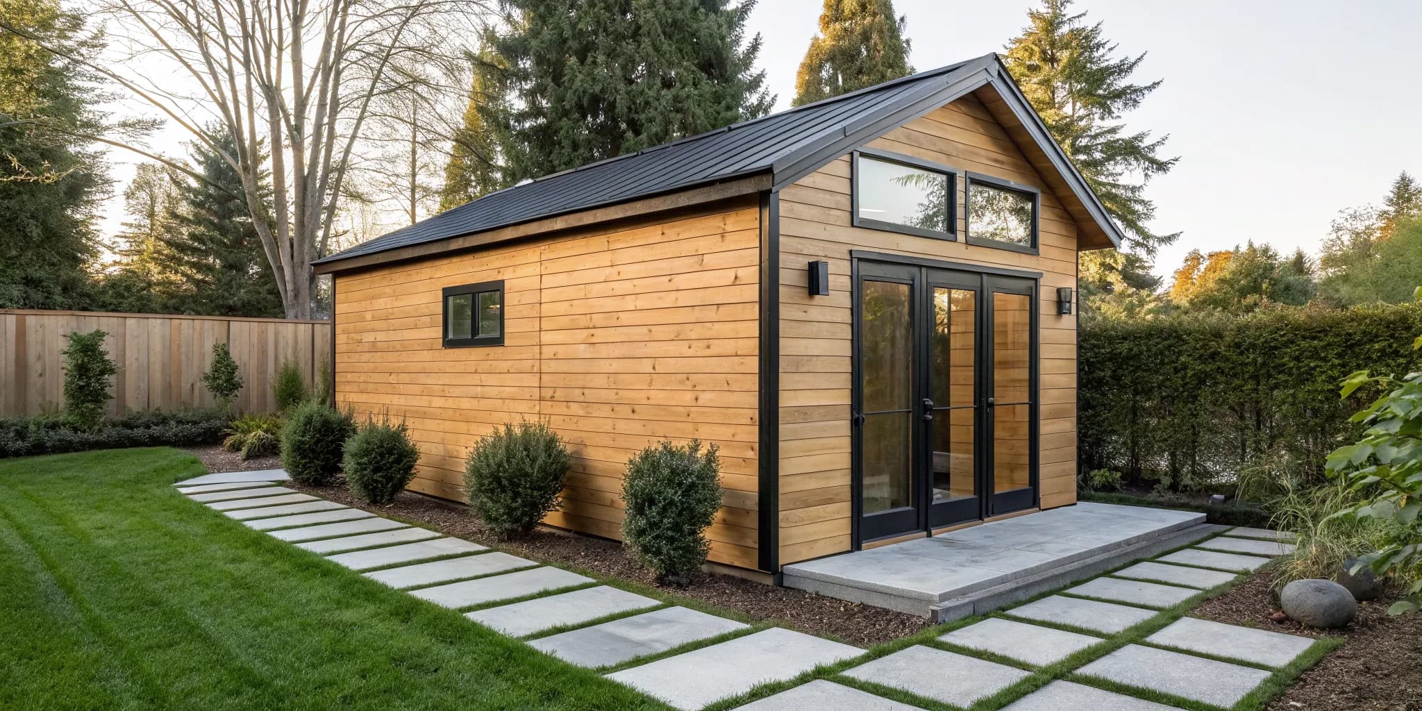 Modern wood backyard barn to buy, with black trim and double glass doors.