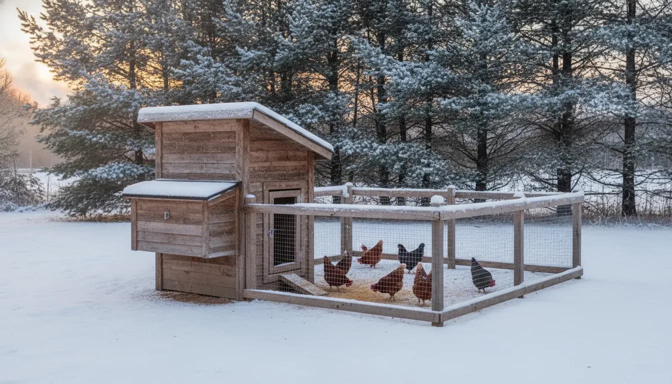 A sturdy wooden chicken coop in a snowy Upstate New York backyard