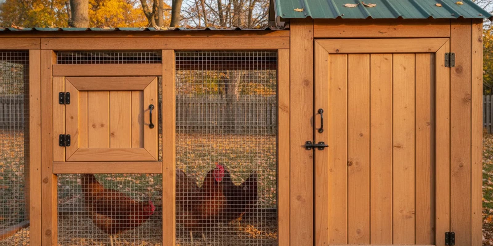 A sturdy wooden chicken coop door with a secure latch and clear access to the outdoor run