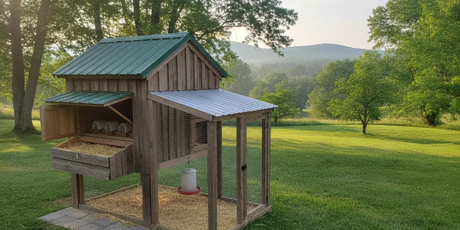 A well-organized backyard chicken coop with nesting boxes and a secure outdoor run