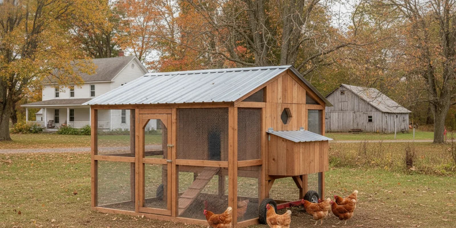 Portable chicken coop set on a level gravel area beside a rural Upstate New York yard