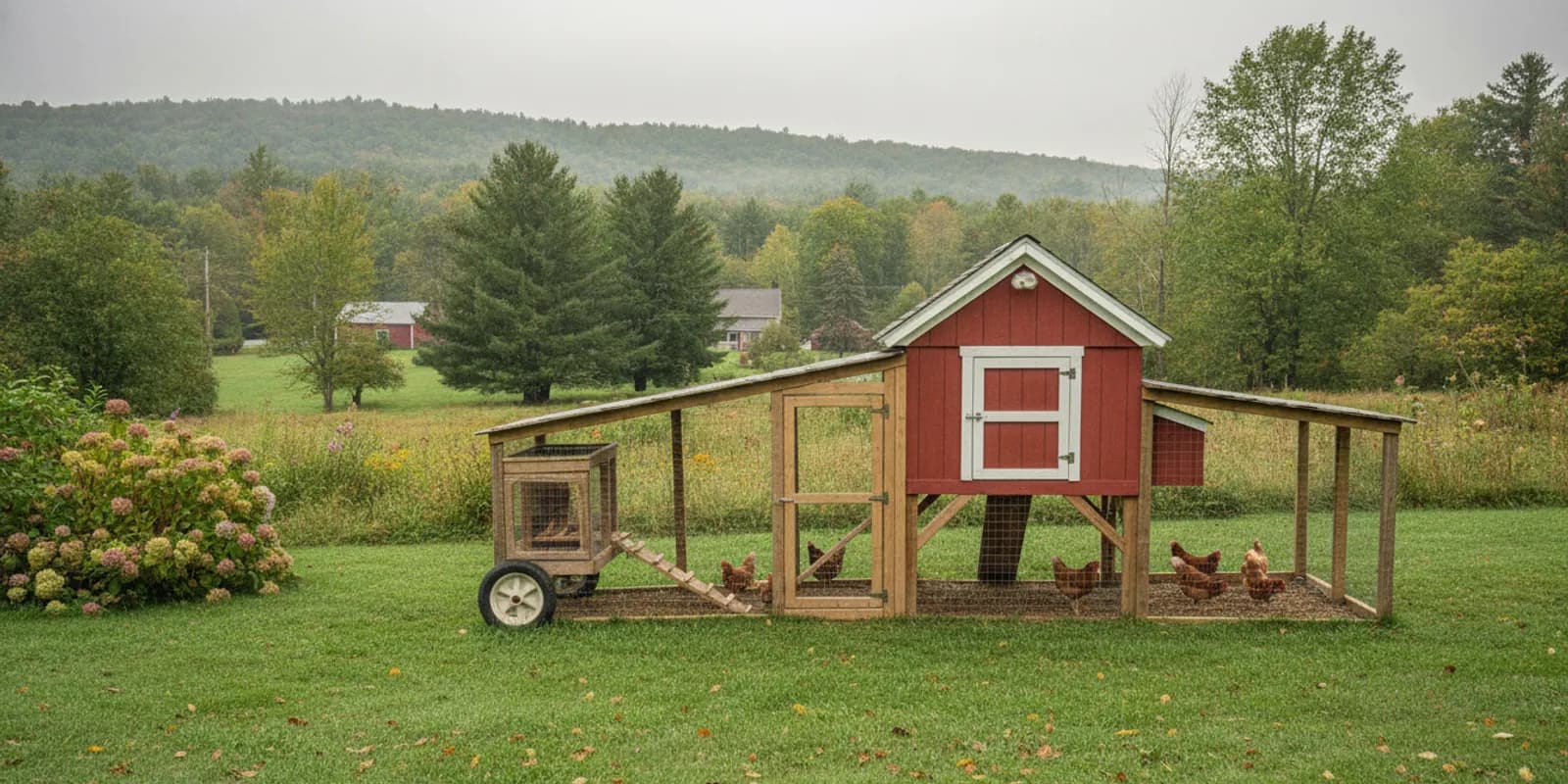 A backyard chicken tractor beside a stationary coop in a grassy Upstate New York yard