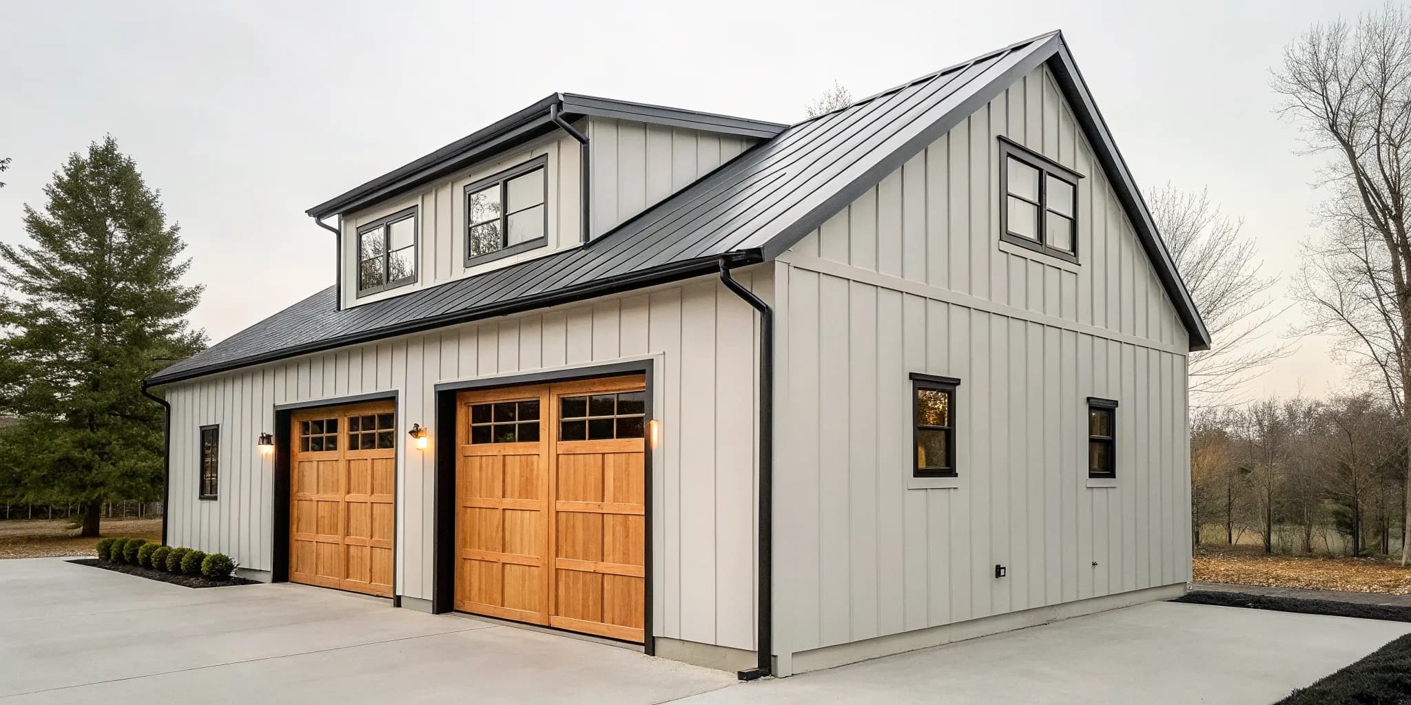 A modern lofted garage with custom features that influence the final cost.