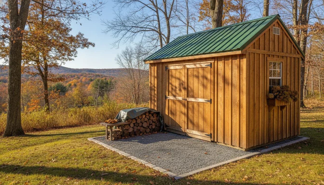 Custom wooden shed on a gravel pad in Upstate New York