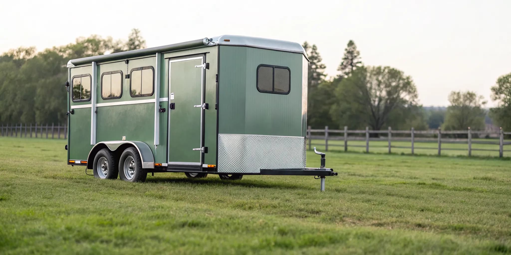 A DIY chicken nesting trailer on a grassy pasture for easy rotation.
