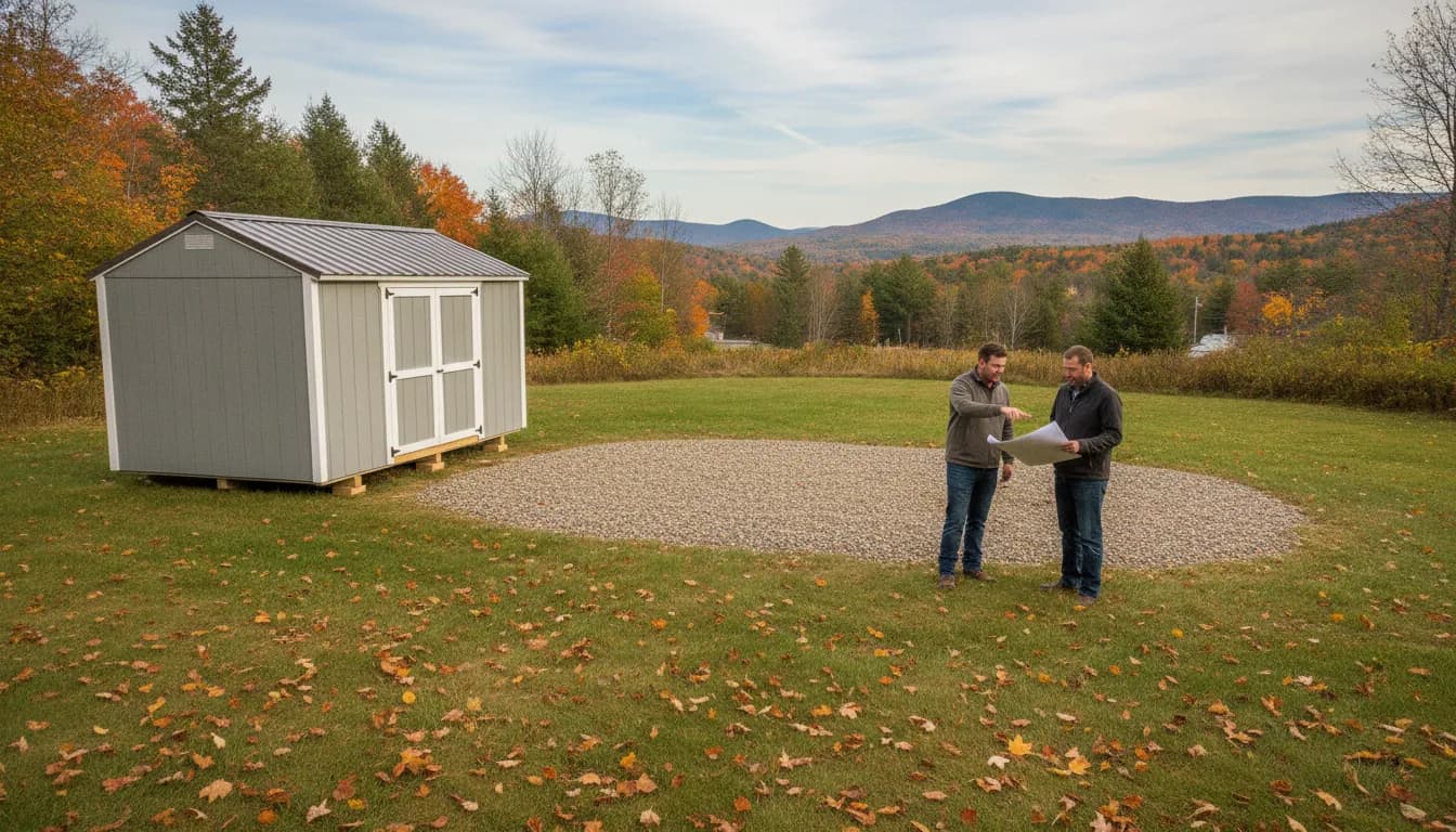 Portable storage shed on a gravel pad in an Upstate New York backyard