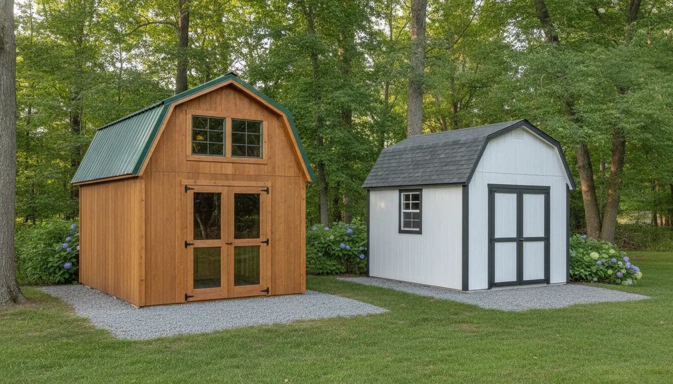 Dormer and standard gable sheds on gravel pads in an Upstate New York backyard
