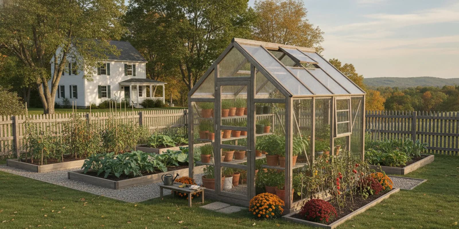 A small greenhouse beside a home garden in an Upstate New York setting