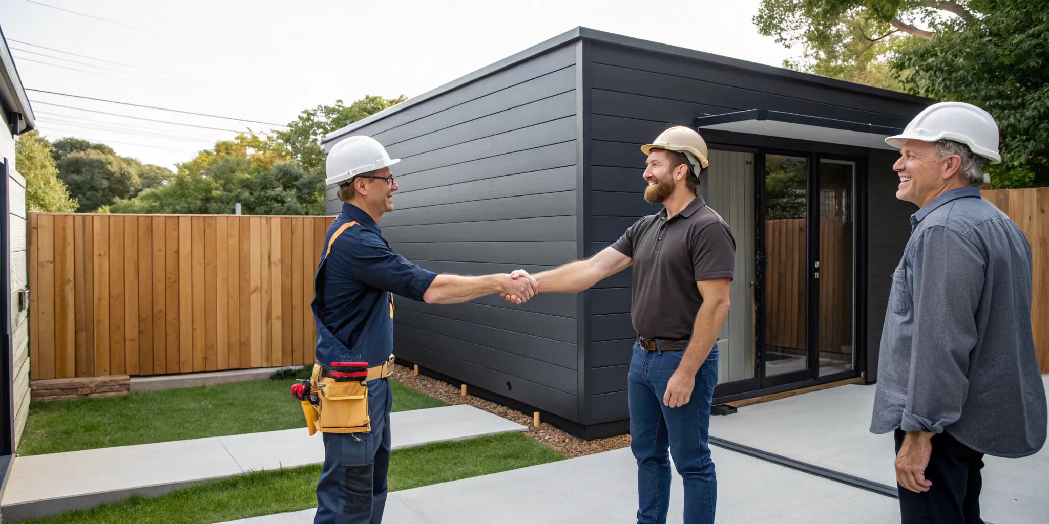 Professional shed builders shaking hands in front of a new shed.