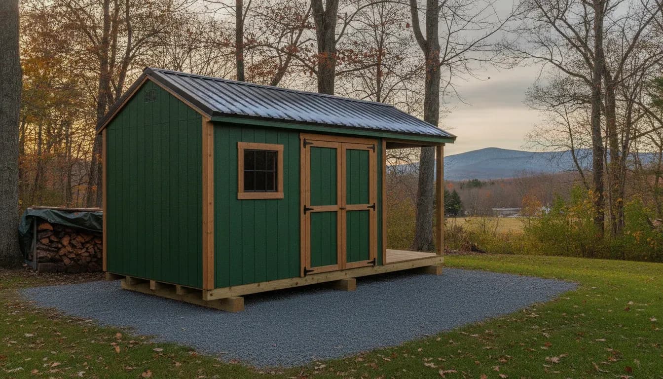 Wooden prefab shed on a gravel pad in an Upstate New York backyard
