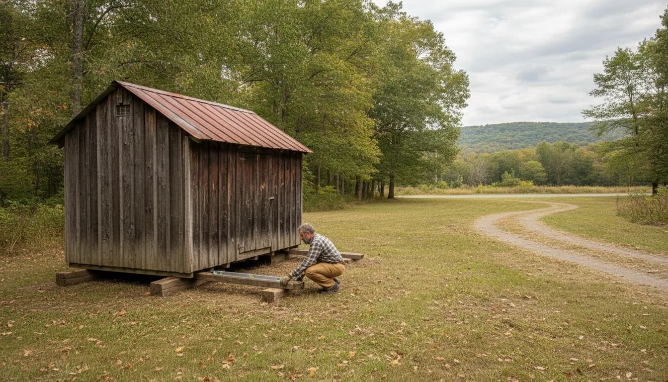Wood storage shed on skids in an Upstate New York yard, with space around it for a relocation assessment
