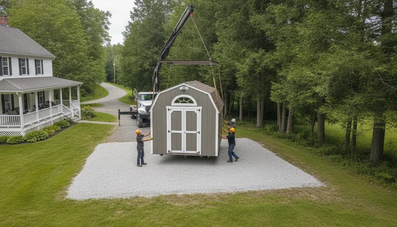 Shed delivery and installation on a prepared gravel pad in Upstate New York