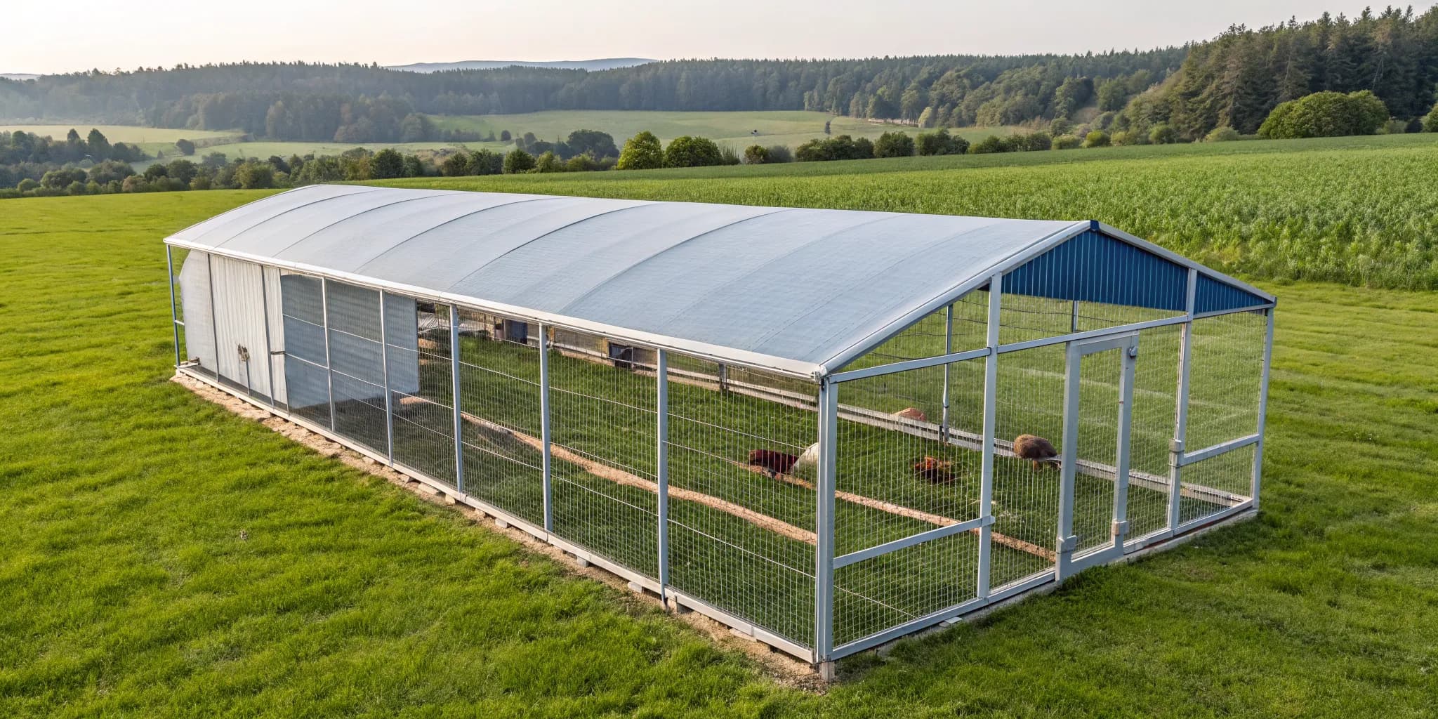 A secure chicken tractor for 50 broilers on a grassy pasture.