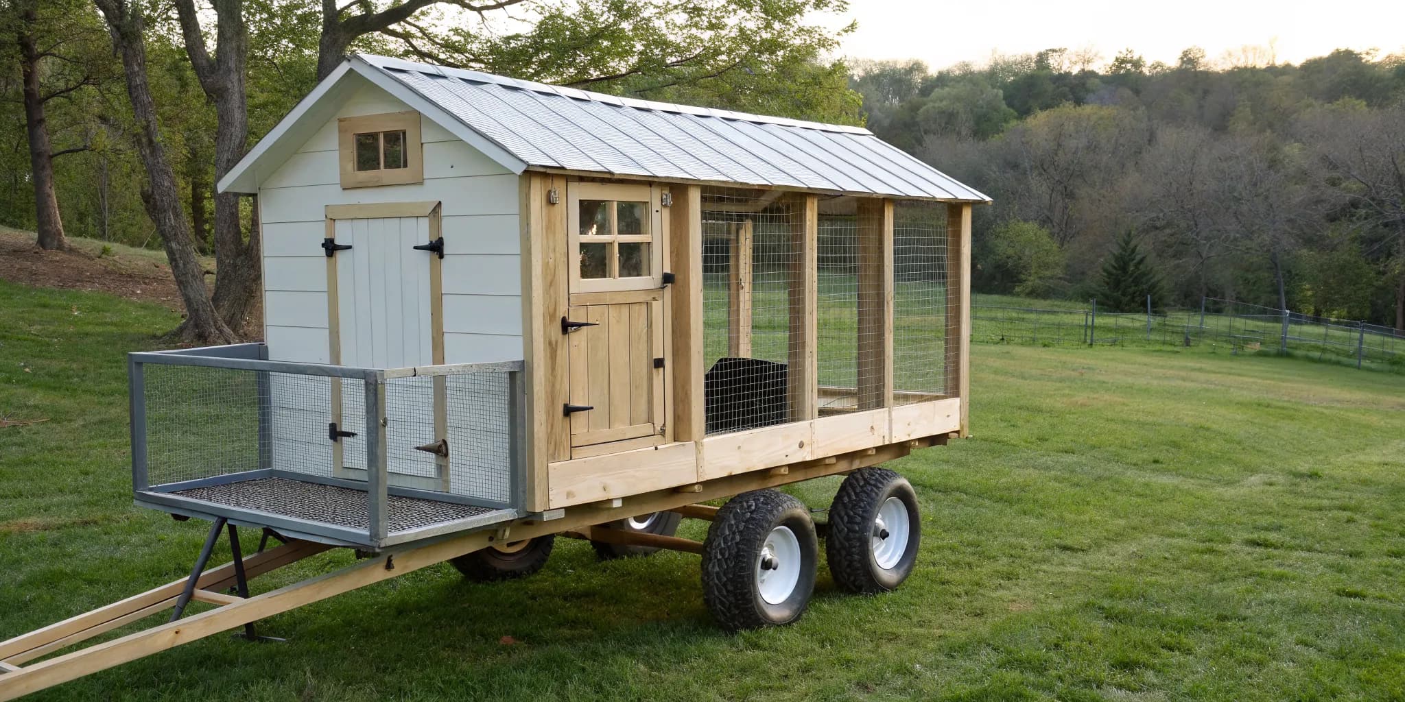Mobile chicken coop built on a hay wagon in a pasture.
