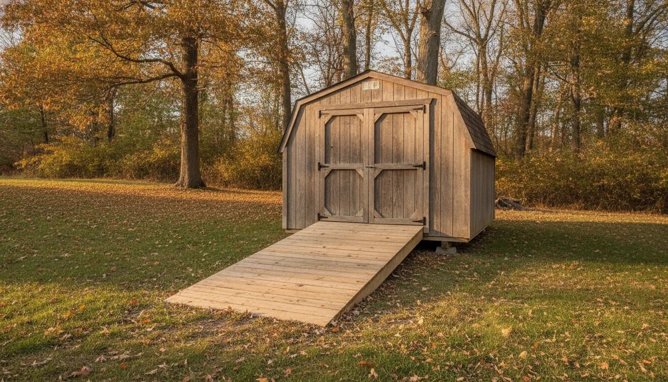 Wooden access ramp leading to a portable storage shed in an Upstate New York yard