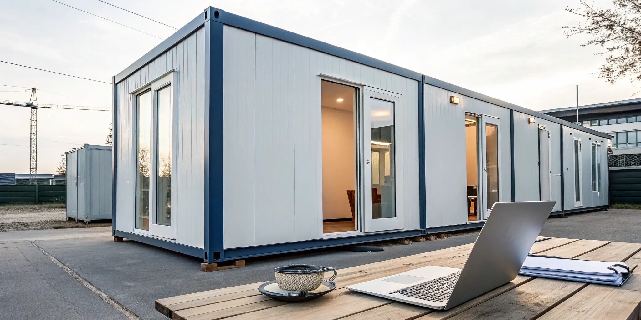 A modern portable cabin to buy, with large windows and an outdoor workspace.